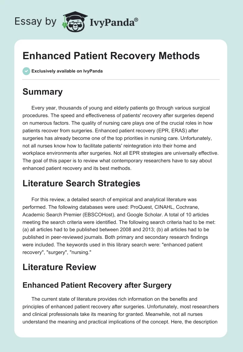 Enhanced Patient Recovery Methods. Page 1