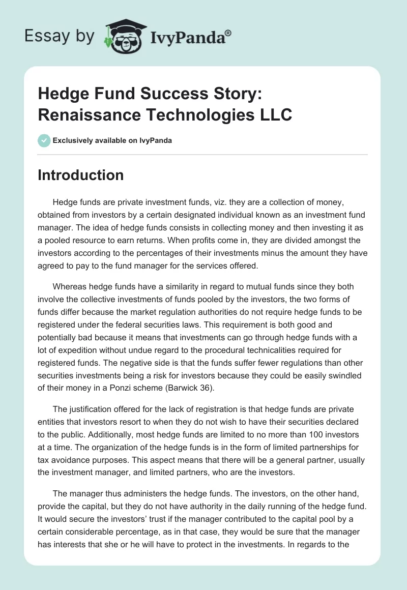 Hedge Fund Success Story: Renaissance Technologies LLC. Page 1