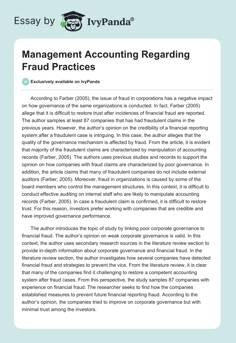 Management Accounting Regarding Fraud Practices. Page 1