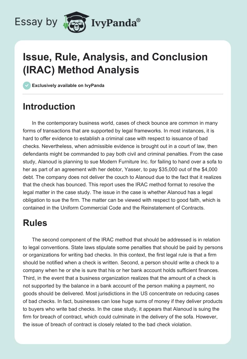Issue, Rule, Analysis, and Conclusion (IRAC) Method Analysis. Page 1