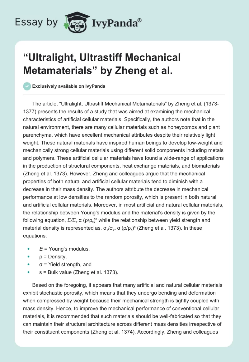 “Ultralight, Ultrastiff Mechanical Metamaterials” by Zheng et al.. Page 1
