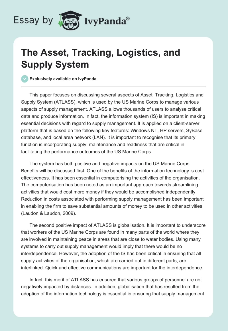 The Asset, Tracking, Logistics, and Supply System. Page 1