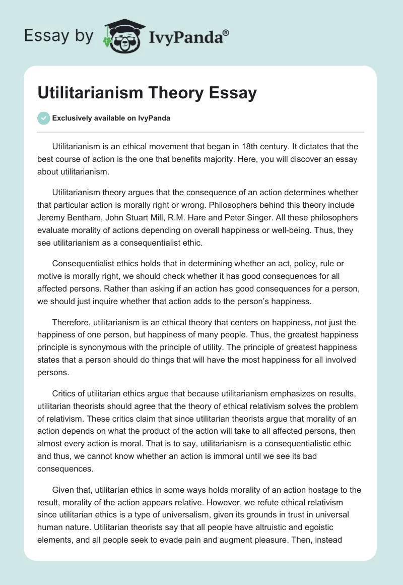 Utilitarianism Theory Essay. Page 1