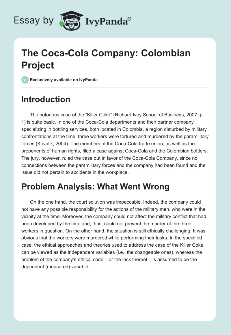 The Coca-Cola Company: Colombian Project. Page 1