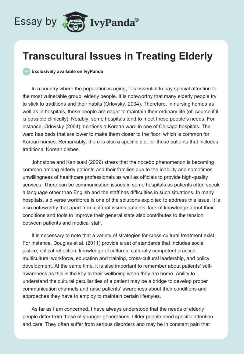 Transcultural Issues in Treating Elderly. Page 1
