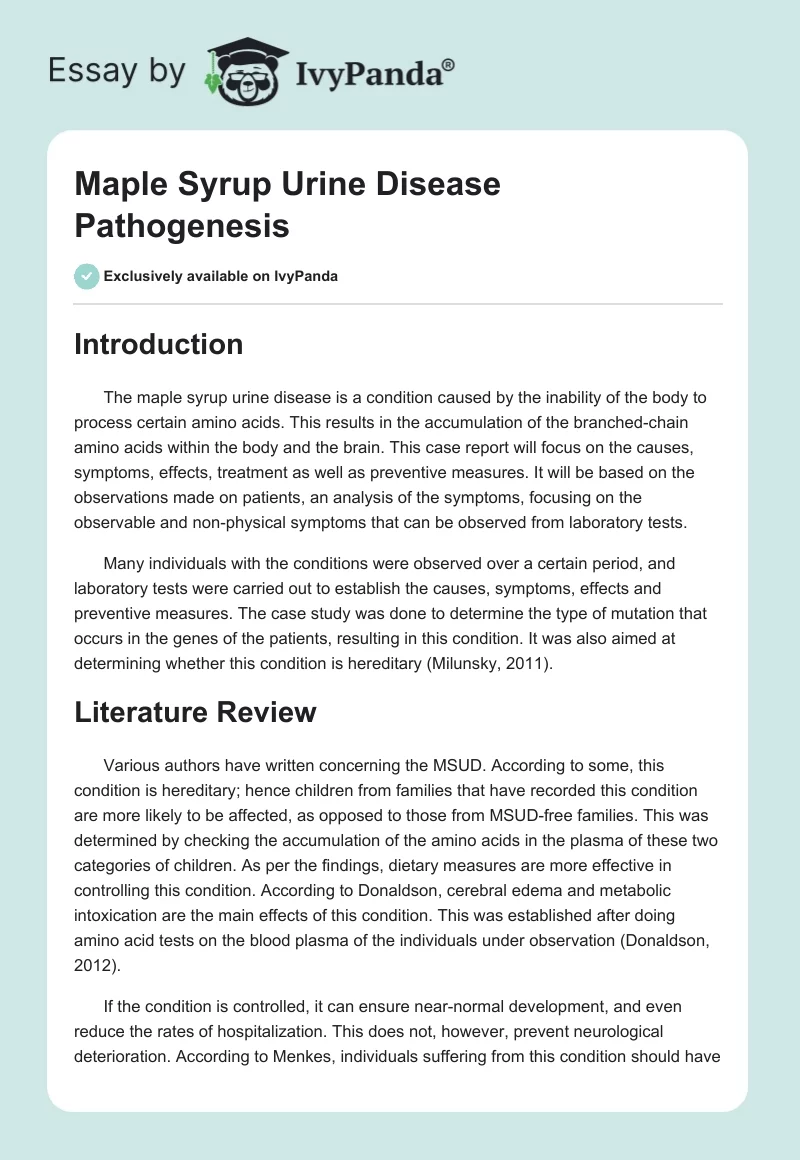 Maple Syrup Urine Disease Pathogenesis. Page 1