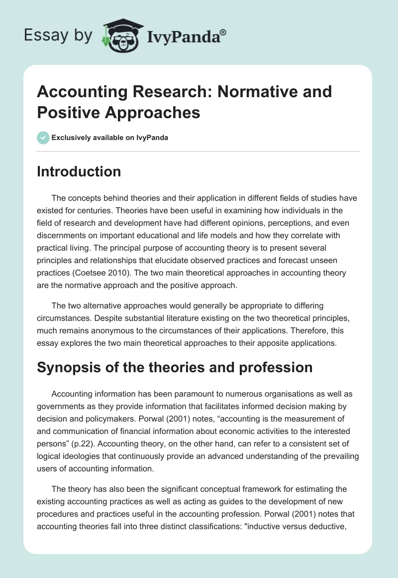 Accounting Research: Normative and Positive Approaches. Page 1