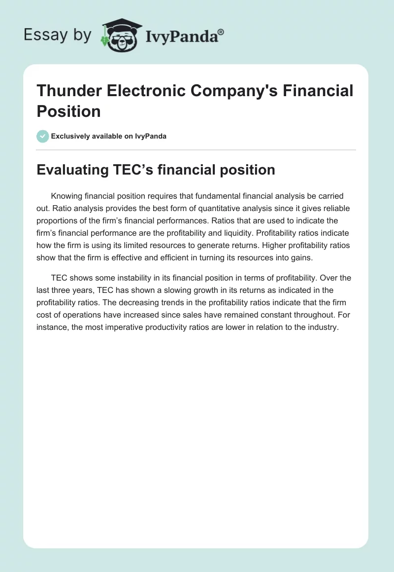 Thunder Electronic Company's Financial Position. Page 1