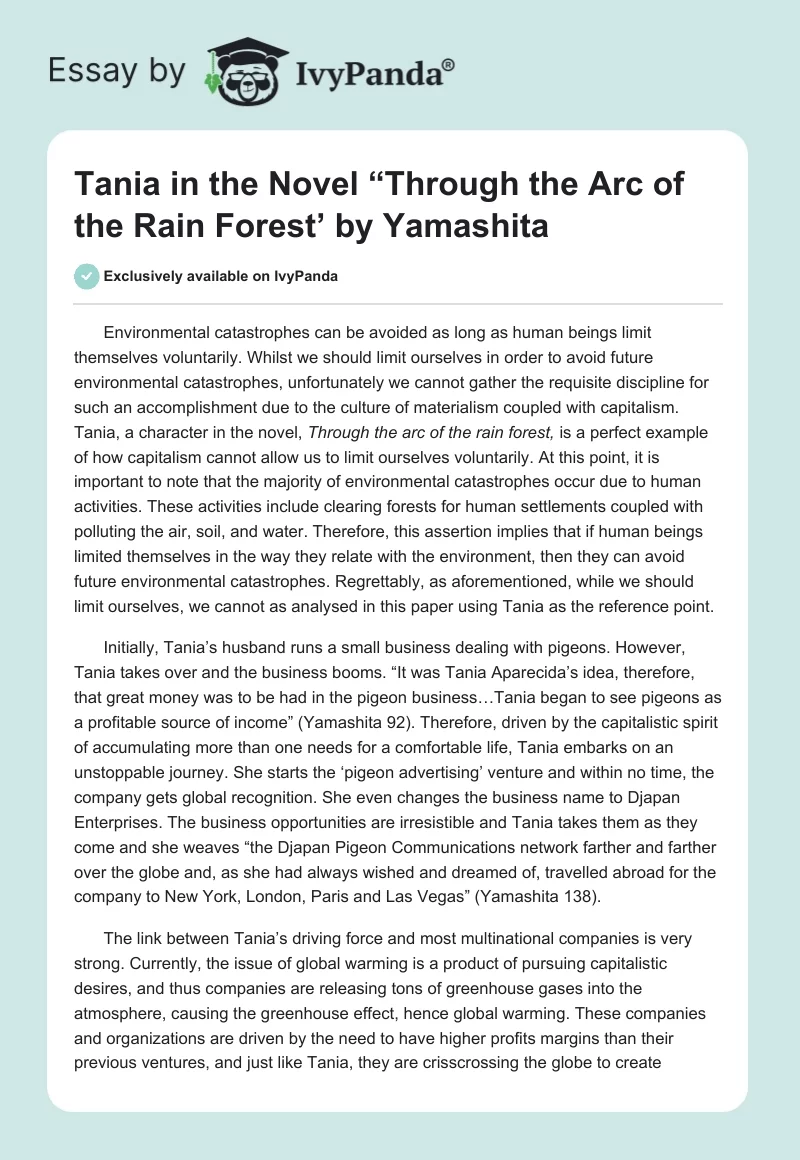 Tania in the Novel “Through the Arc of the Rain Forest’ by Yamashita. Page 1