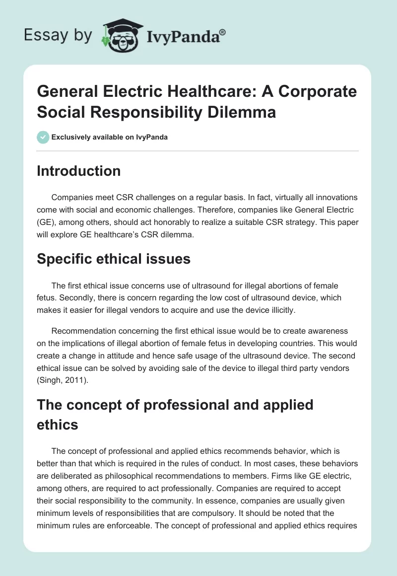 General Electric Healthcare: A Corporate Social Responsibility Dilemma. Page 1