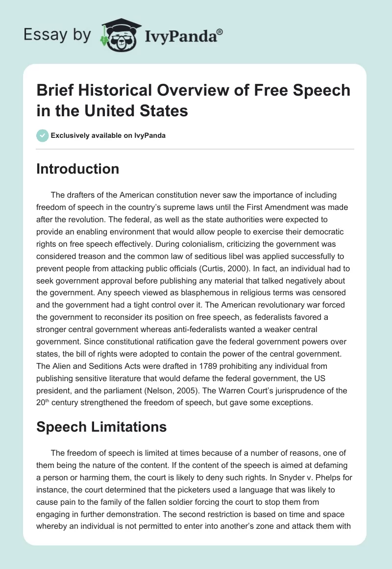 Brief Historical Overview of Free Speech in the United States. Page 1
