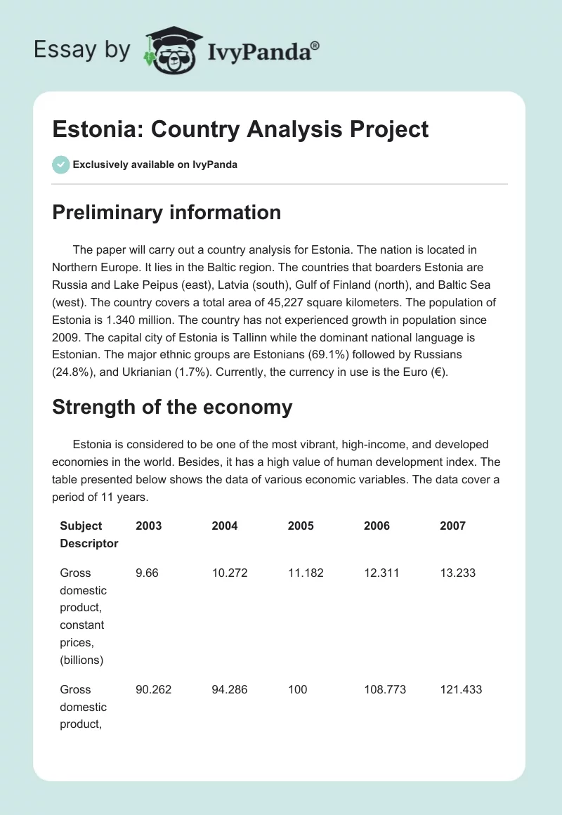Estonia: Country Analysis Project. Page 1