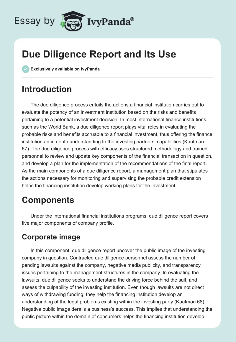 Due Diligence Report and Its Use. Page 1