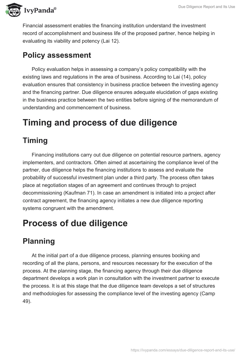Due Diligence Report and Its Use. Page 4