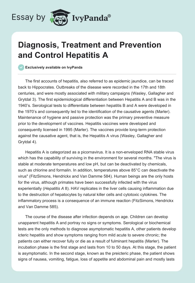 Diagnosis, Treatment and Prevention and Control Hepatitis A. Page 1