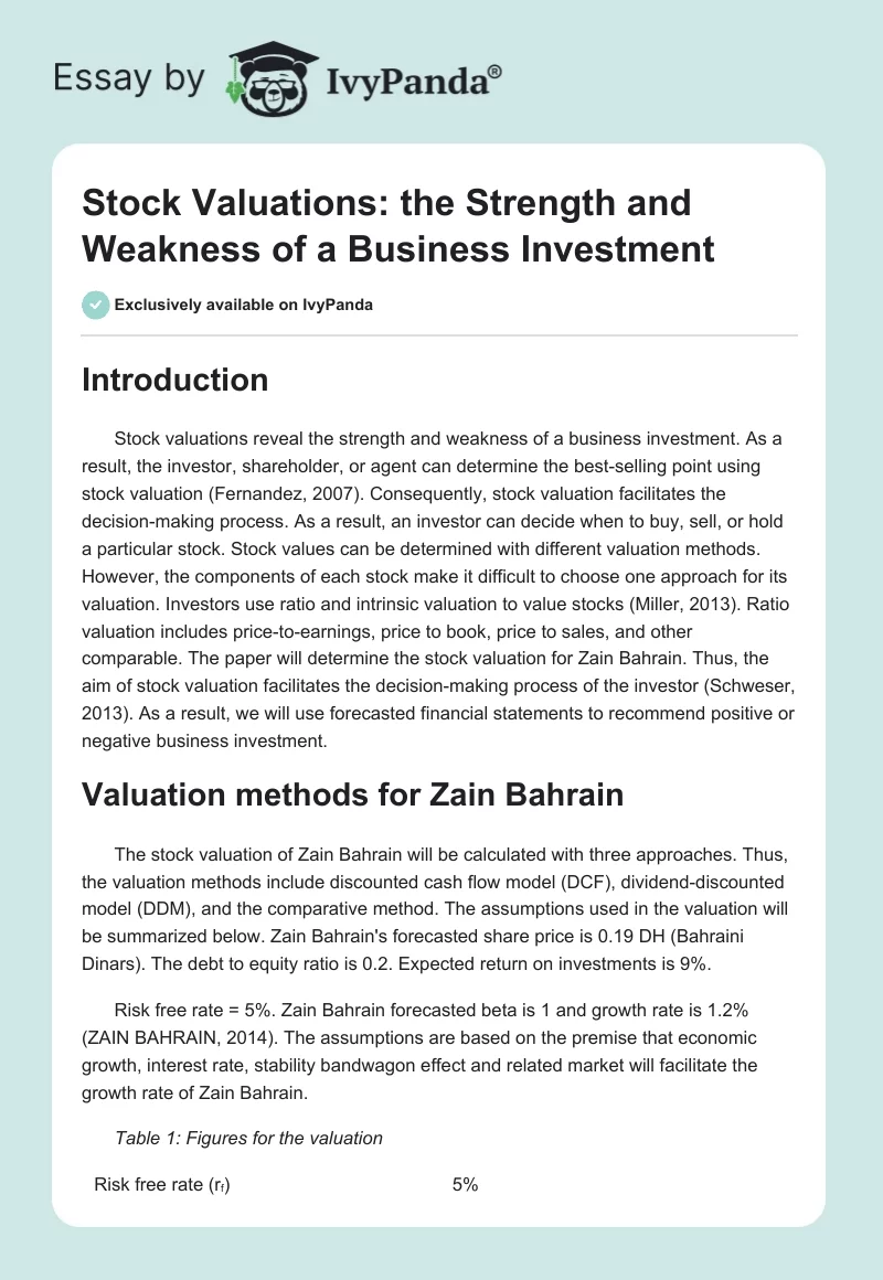 Stock Valuations: the Strength and Weakness of a Business Investment. Page 1