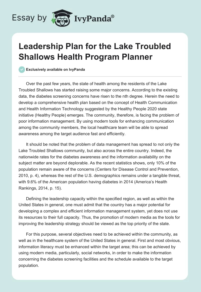 Leadership Plan for the Lake Troubled Shallows Health Program Planner. Page 1