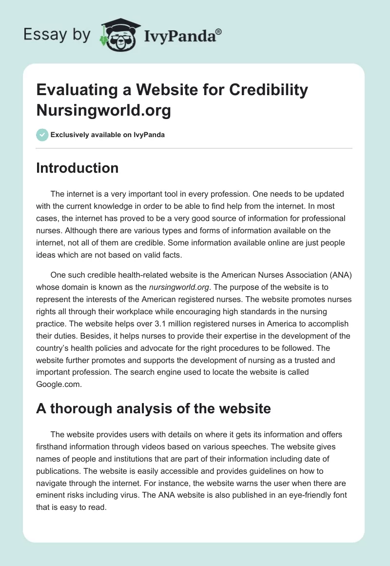 Evaluating a Website for Credibility Nursingworld.org. Page 1