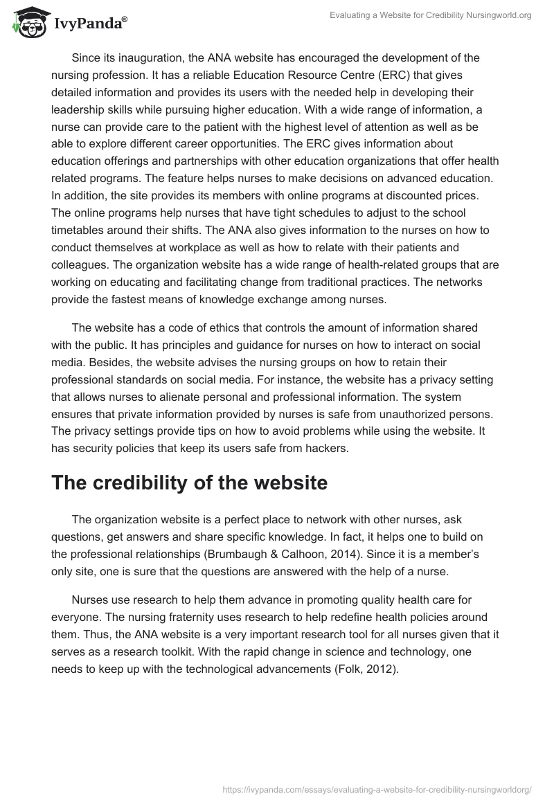 Evaluating a Website for Credibility Nursingworld.org. Page 2