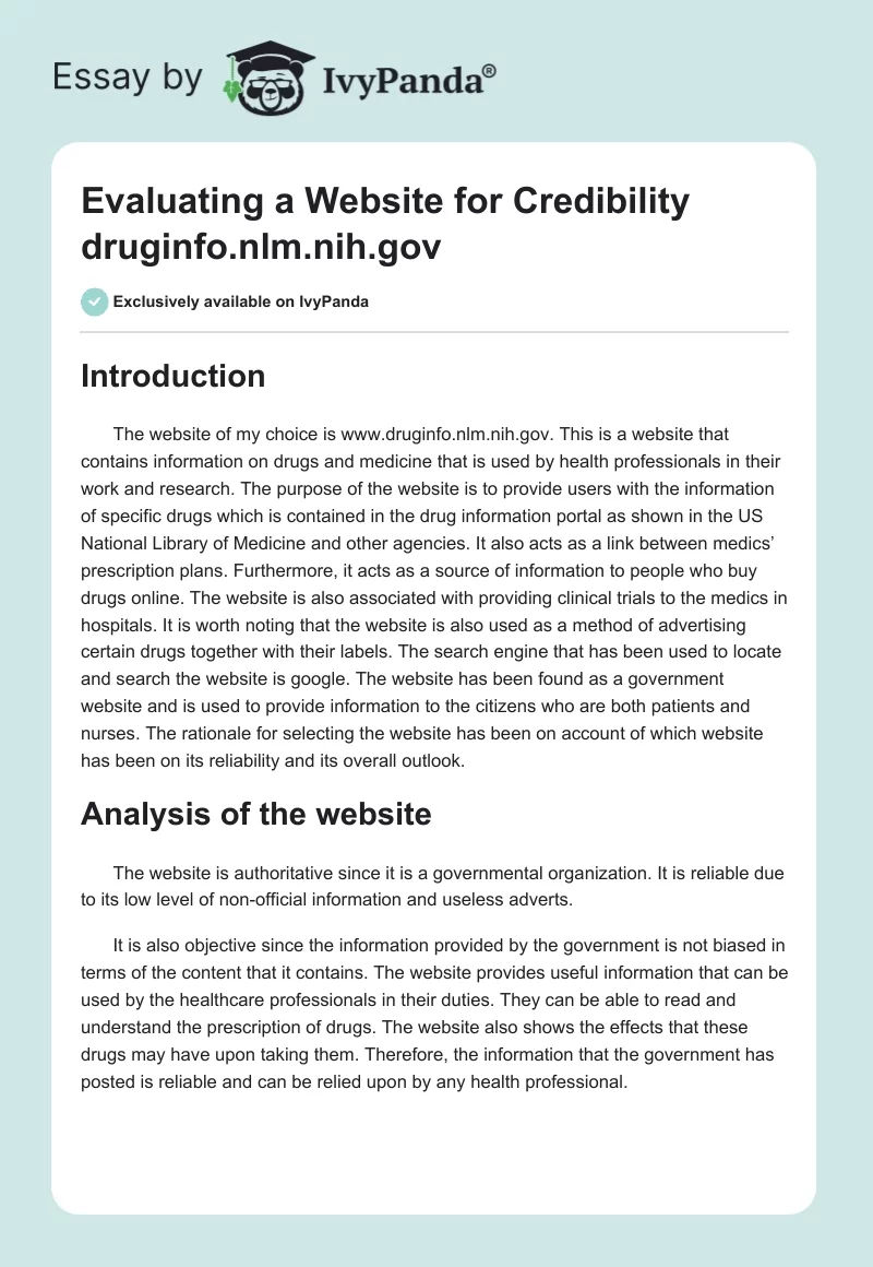 Evaluating a Website for Credibility druginfo.nlm.nih.gov. Page 1