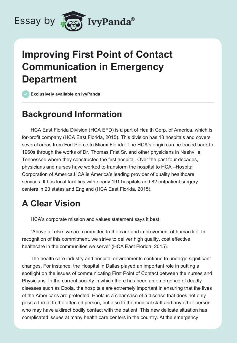 Improving First Point of Contact Communication in Emergency Department. Page 1