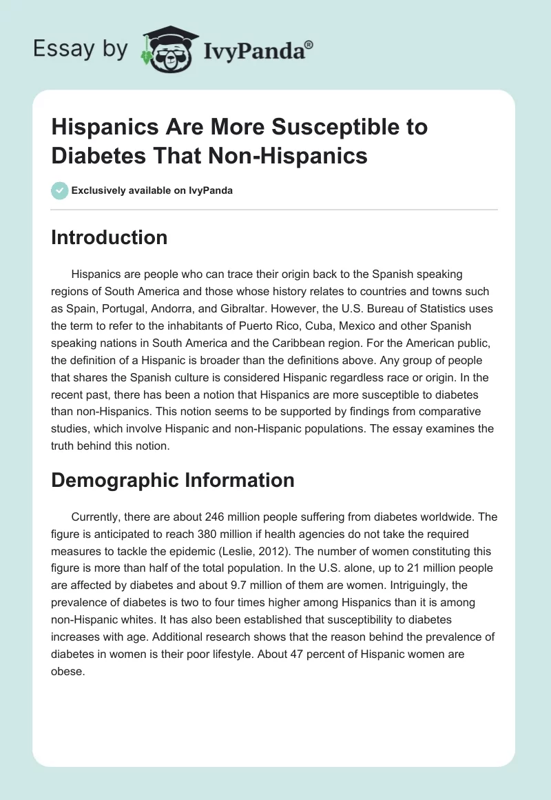 Hispanics Are More Susceptible to Diabetes That Non-Hispanics. Page 1