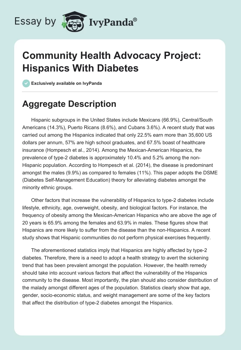 Community Health Advocacy Project: Hispanics With Diabetes. Page 1