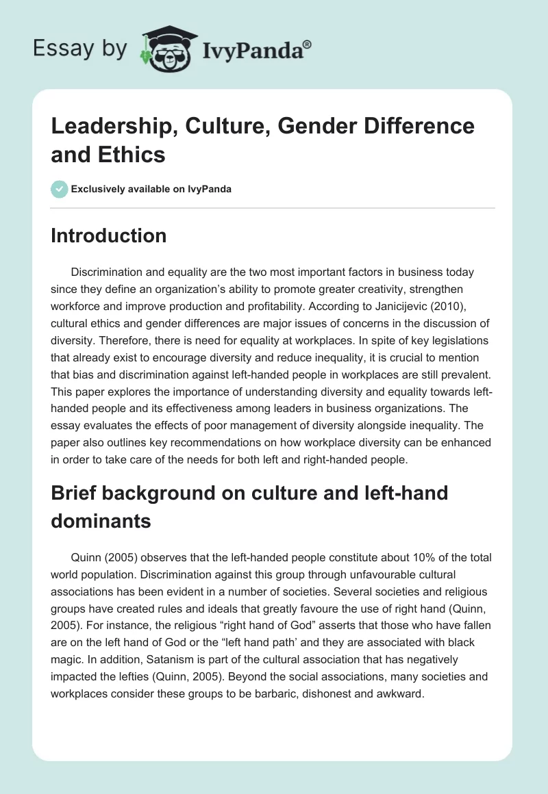 Leadership, Culture, Gender Difference and Ethics. Page 1