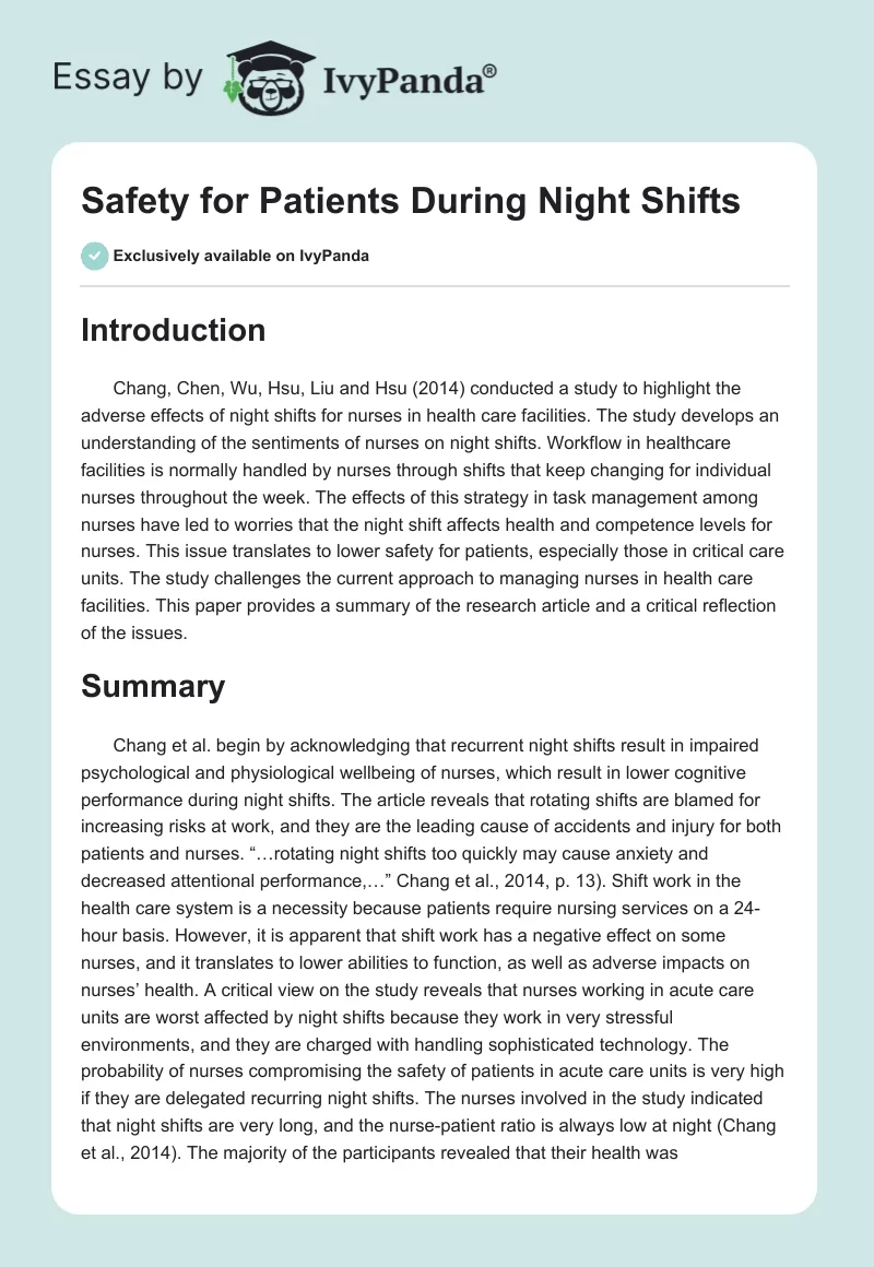 Safety for Patients During Night Shifts. Page 1