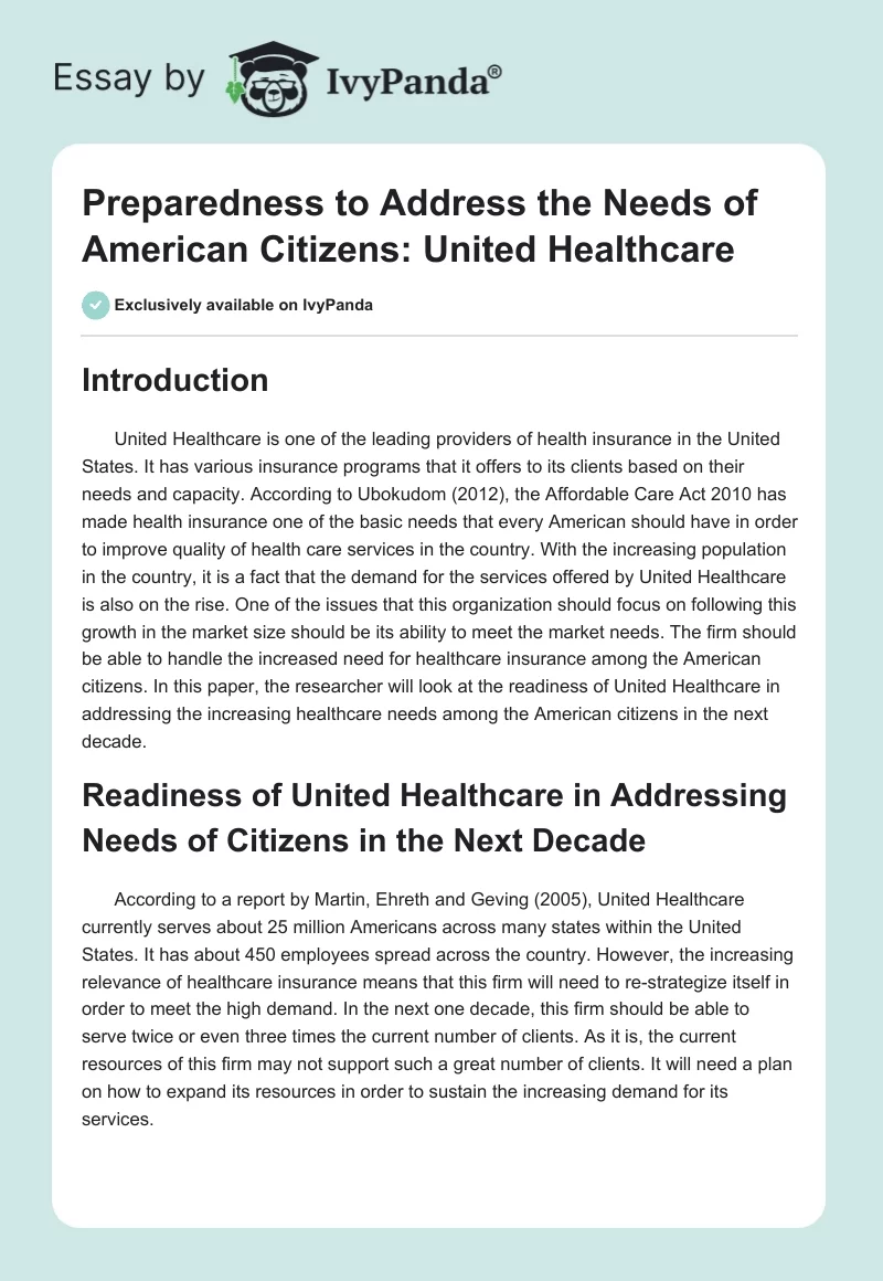 Preparedness to Address the Needs of American Citizens: United Healthcare. Page 1