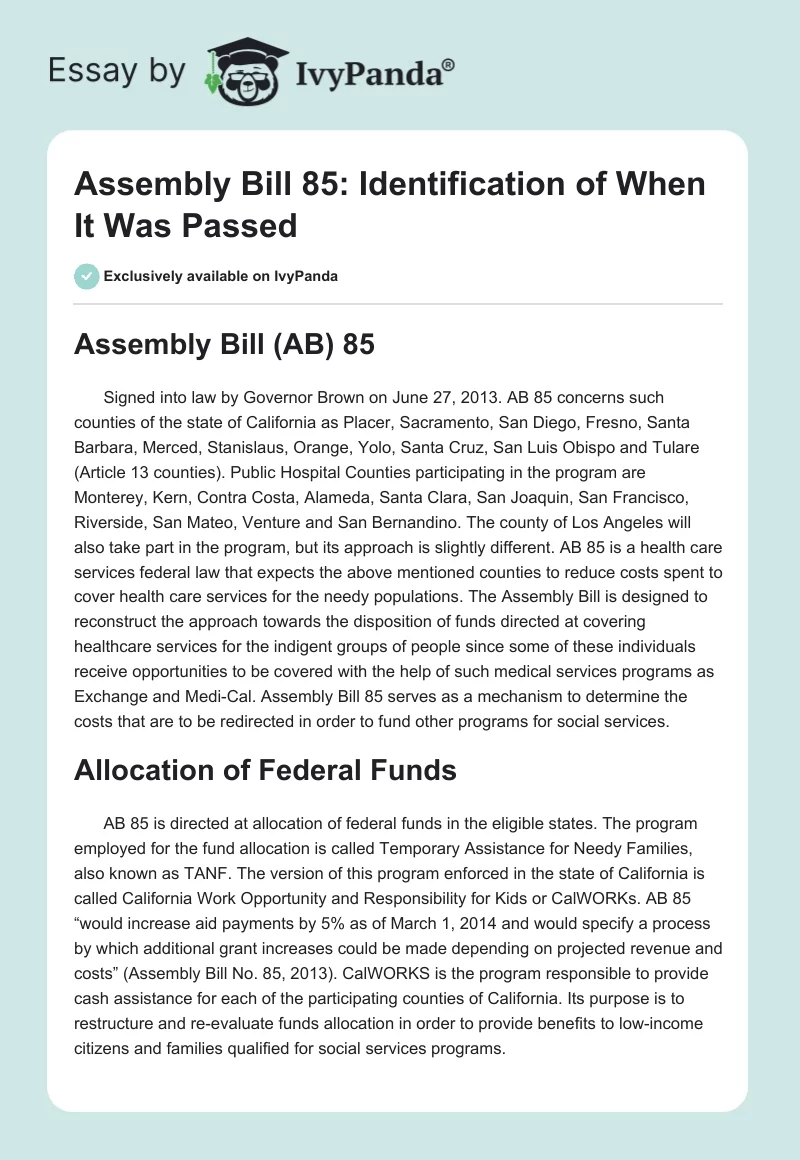 Assembly Bill 85: Identification of When It Was Passed. Page 1