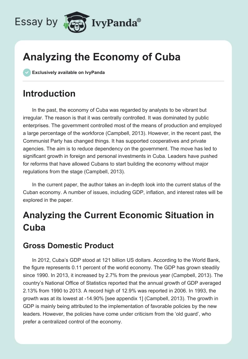 Analyzing the Economy of Cuba. Page 1