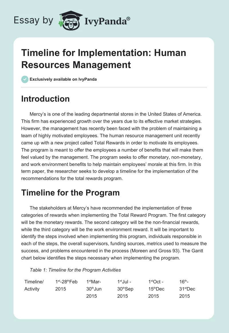 Timeline for Implementation: Human Resources Management. Page 1