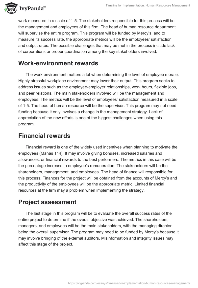 Timeline for Implementation: Human Resources Management. Page 3