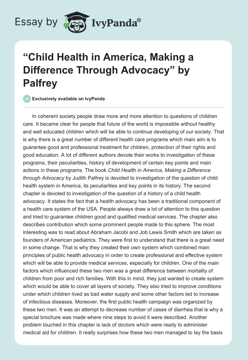 “Child Health in America, Making a Difference Through Advocacy” by Palfrey. Page 1