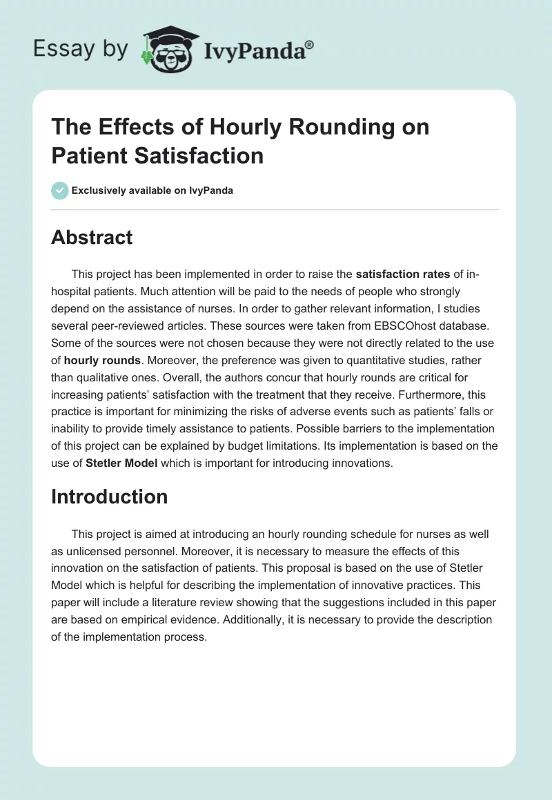 The Effects of Hourly Rounding on Patient Satisfaction. Page 1