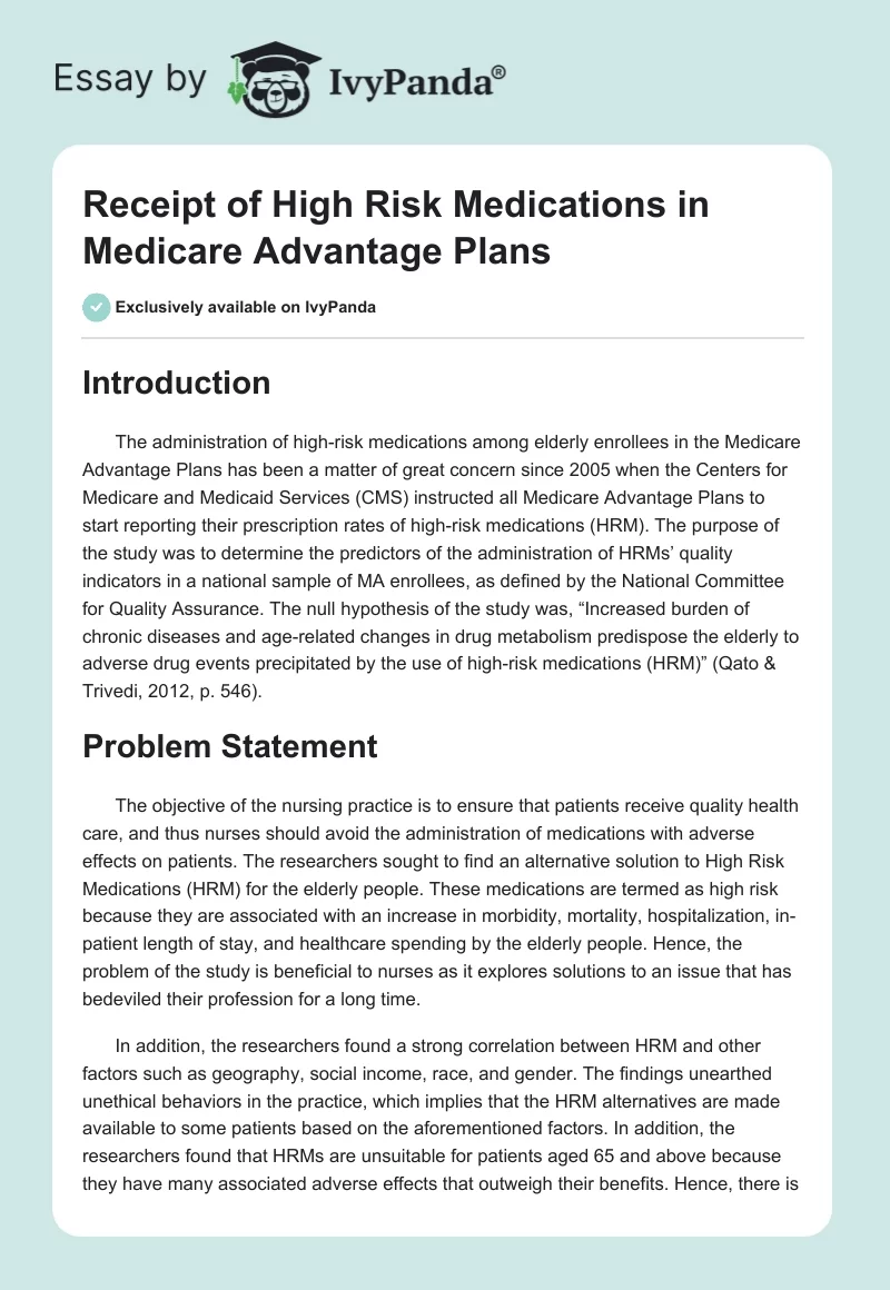 Receipt of High Risk Medications in Medicare Advantage Plans. Page 1