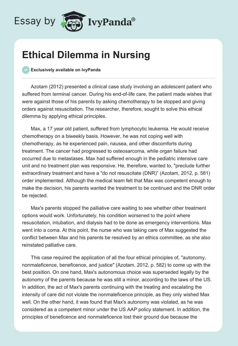 Ethical Dilemma in Nursing. Page 1