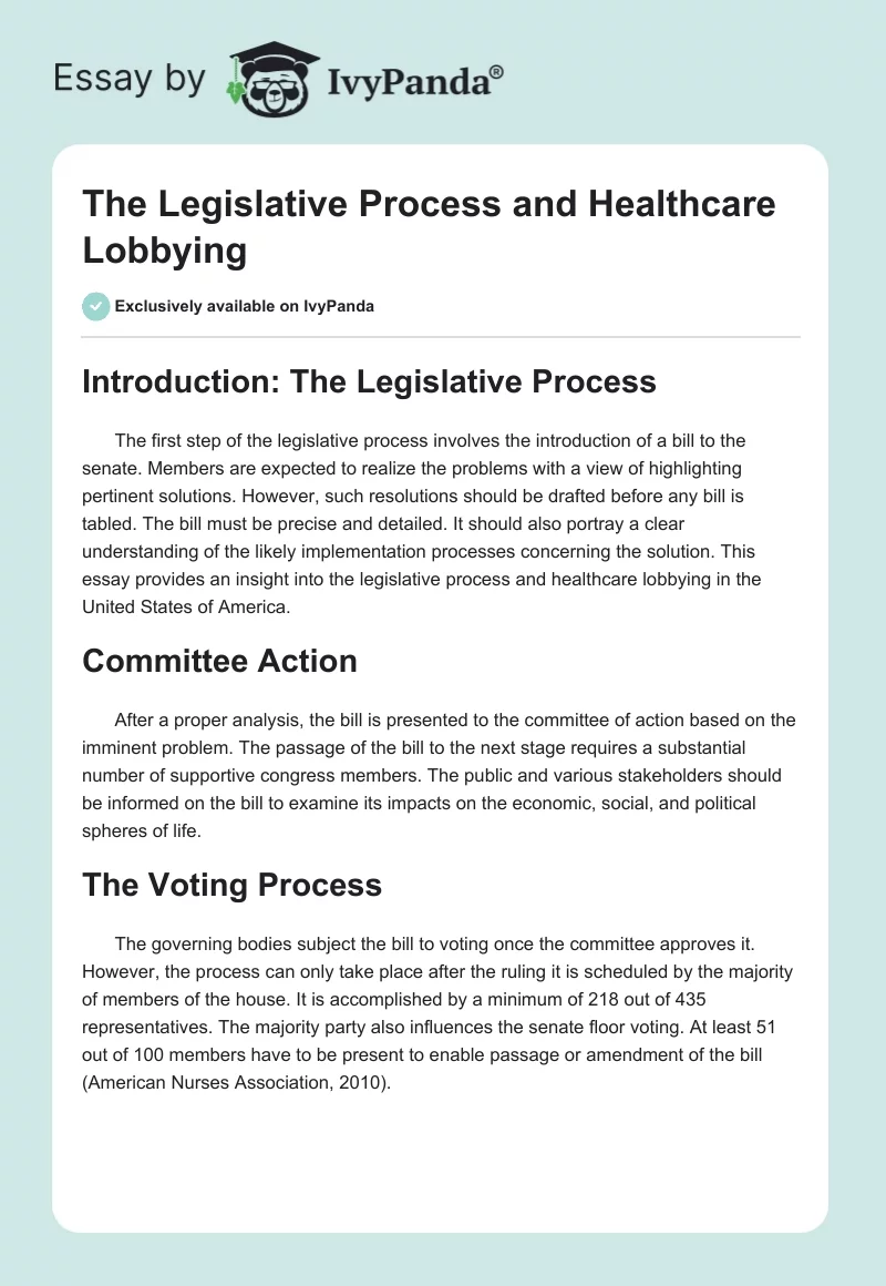 The Legislative Process and Healthcare Lobbying. Page 1