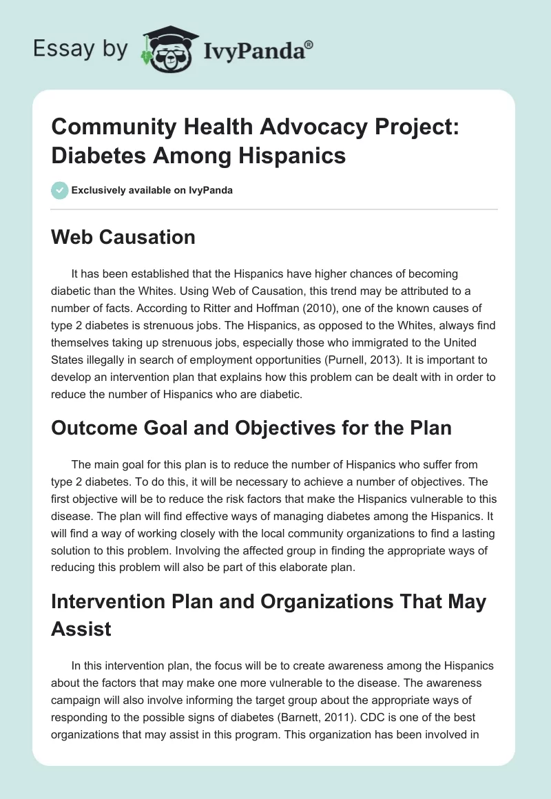 Community Health Advocacy Project: Diabetes Among Hispanics. Page 1