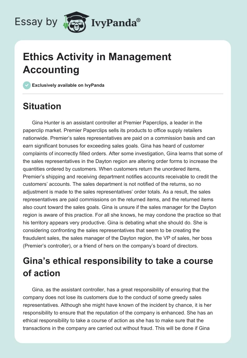 Ethics Activity in Management Accounting. Page 1