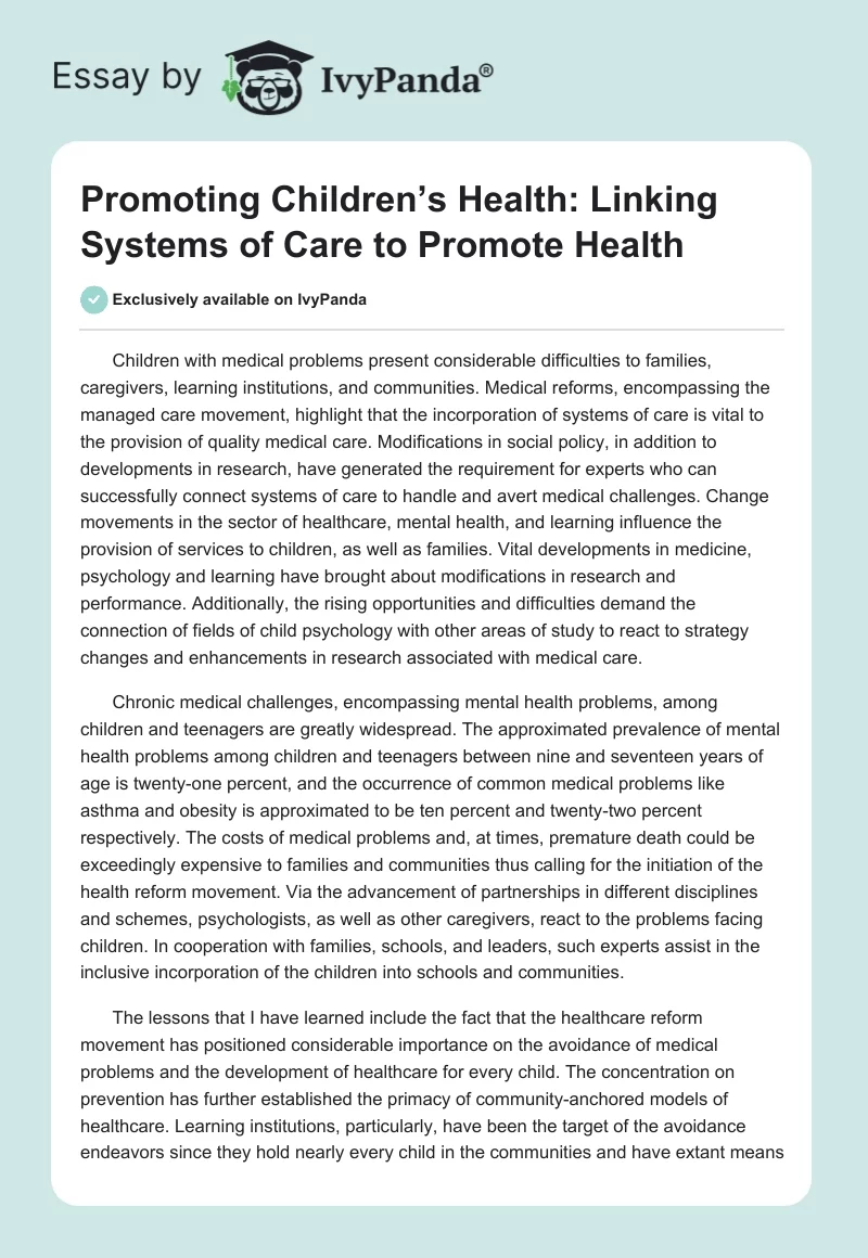 Promoting Children’s Health: Linking Systems of Care to Promote Health. Page 1