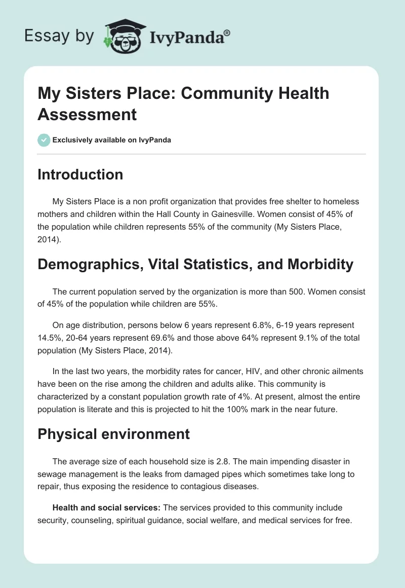 My Sisters Place: Community Health Assessment. Page 1