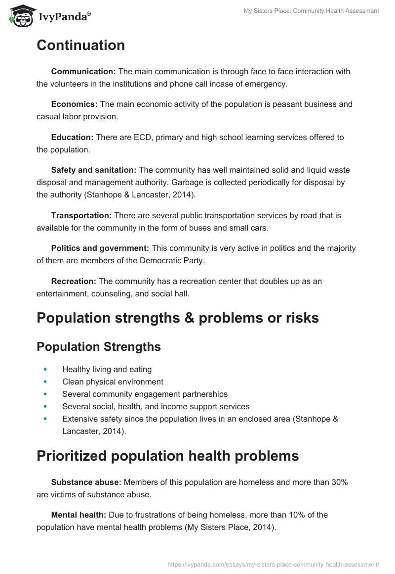 My Sisters Place: Community Health Assessment. Page 2