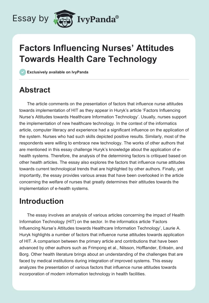 Factors Influencing Nurses’ Attitudes Towards Health Care Technology. Page 1