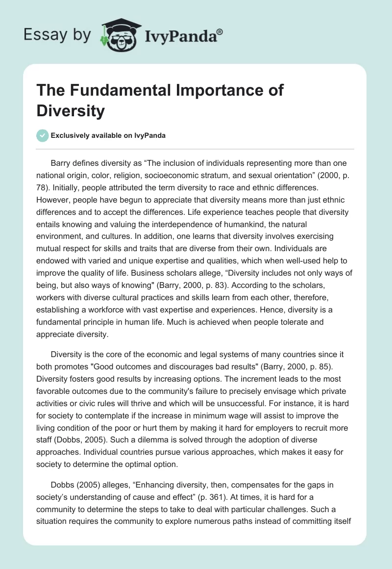 The Fundamental Importance of Diversity - 1147 Words | Essay Example