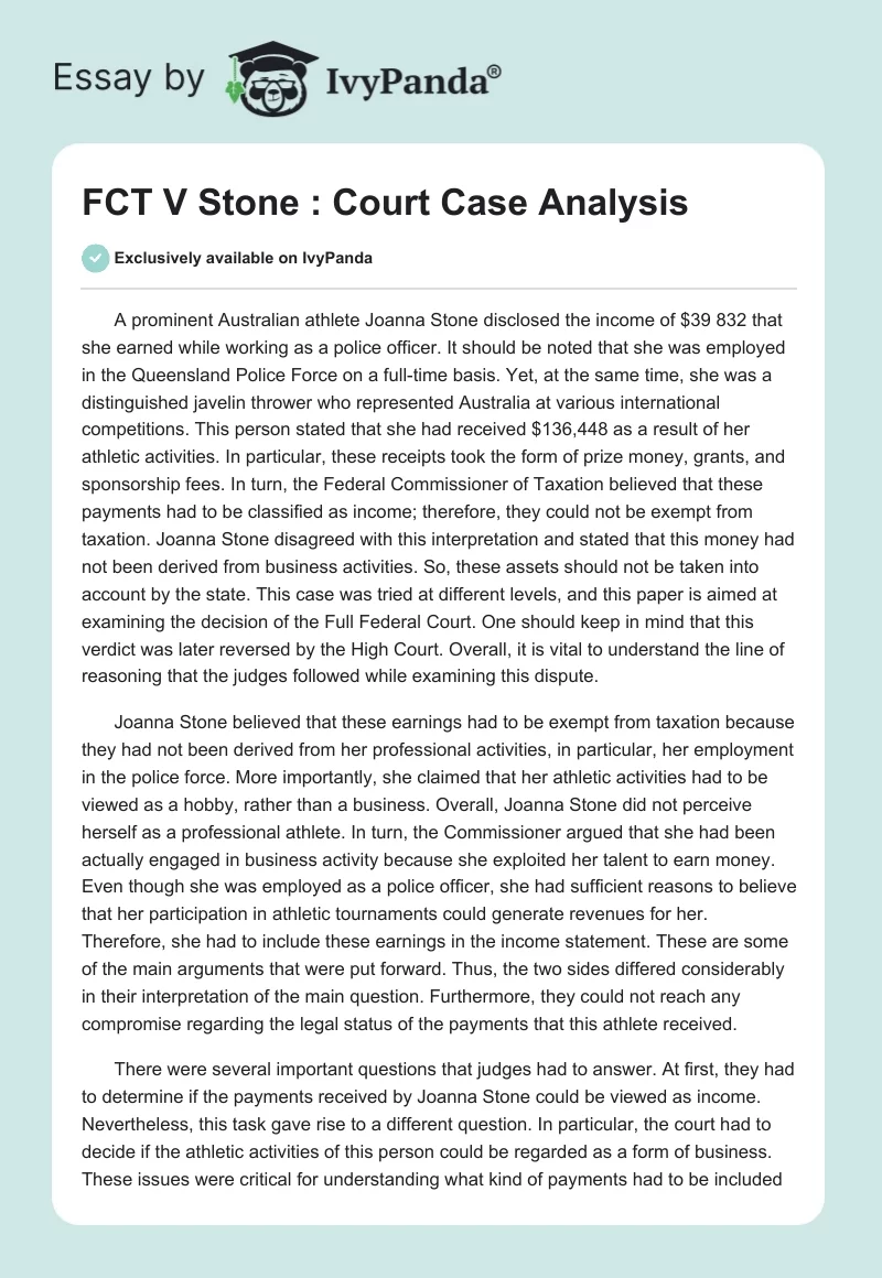 FCT V Stone : Court Case Analysis. Page 1