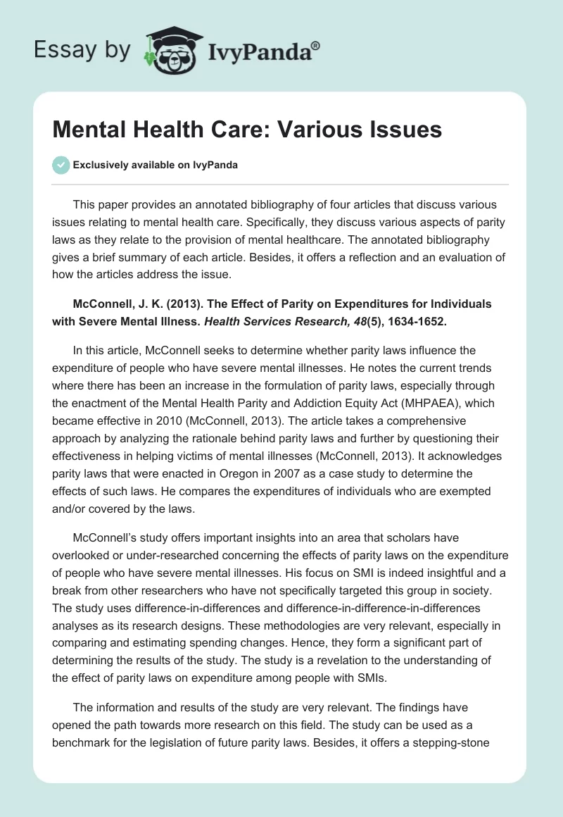 Mental Health Care: Various Issues. Page 1