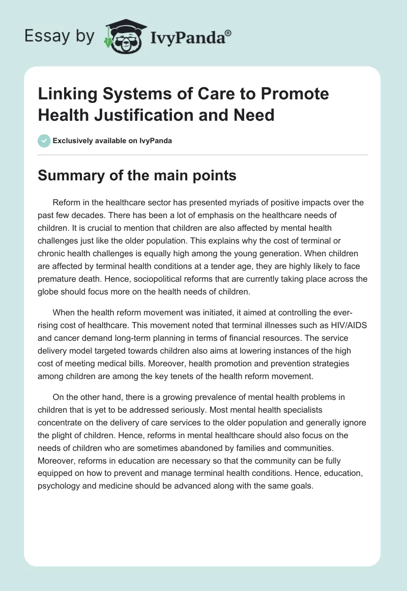 Linking Systems of Care to Promote Health Justification and Need. Page 1
