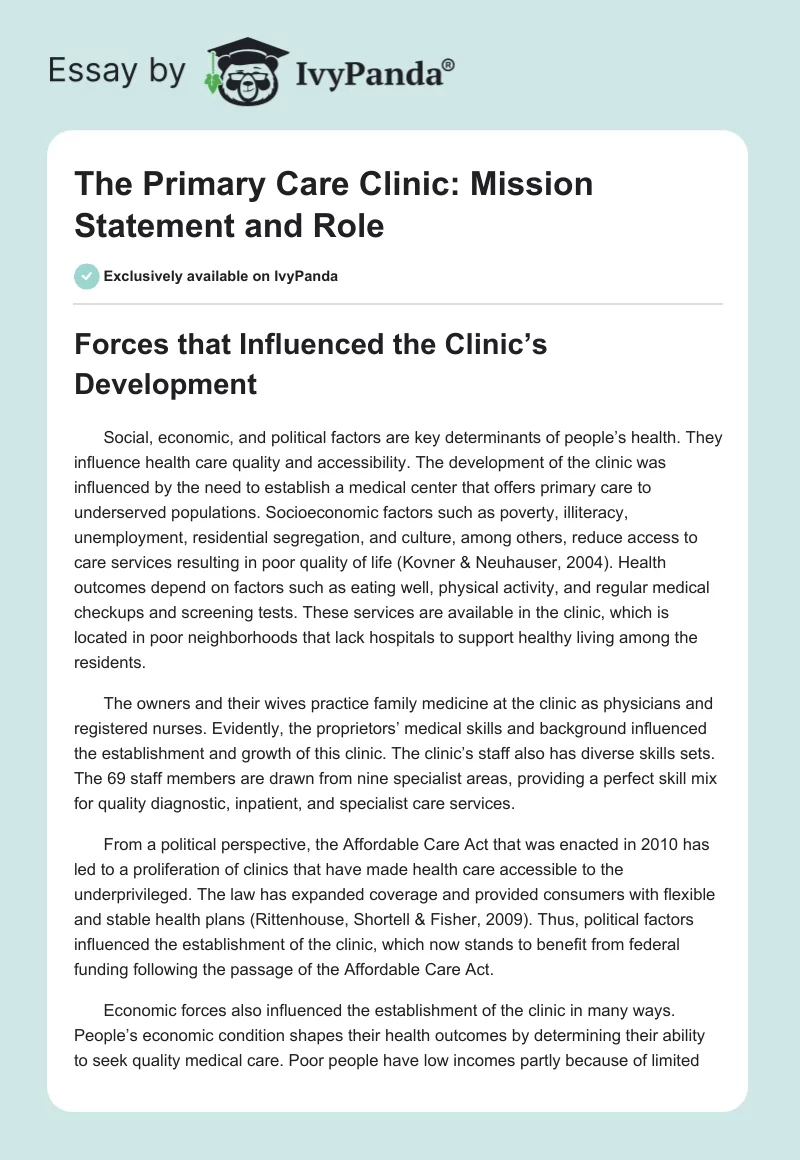 The Primary Care Clinic: Mission Statement and Role. Page 1